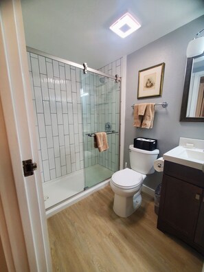 Une salle de bain avec une douche à parois de verre, des toilettes et un lavabo.