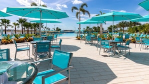 Een zwembadterras met turquoise parasols, ligstoelen en een helder uitzicht op het zwembad.