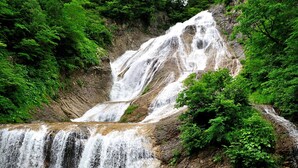 Una cascada en varios niveles rodeada de frondosa vegetación.