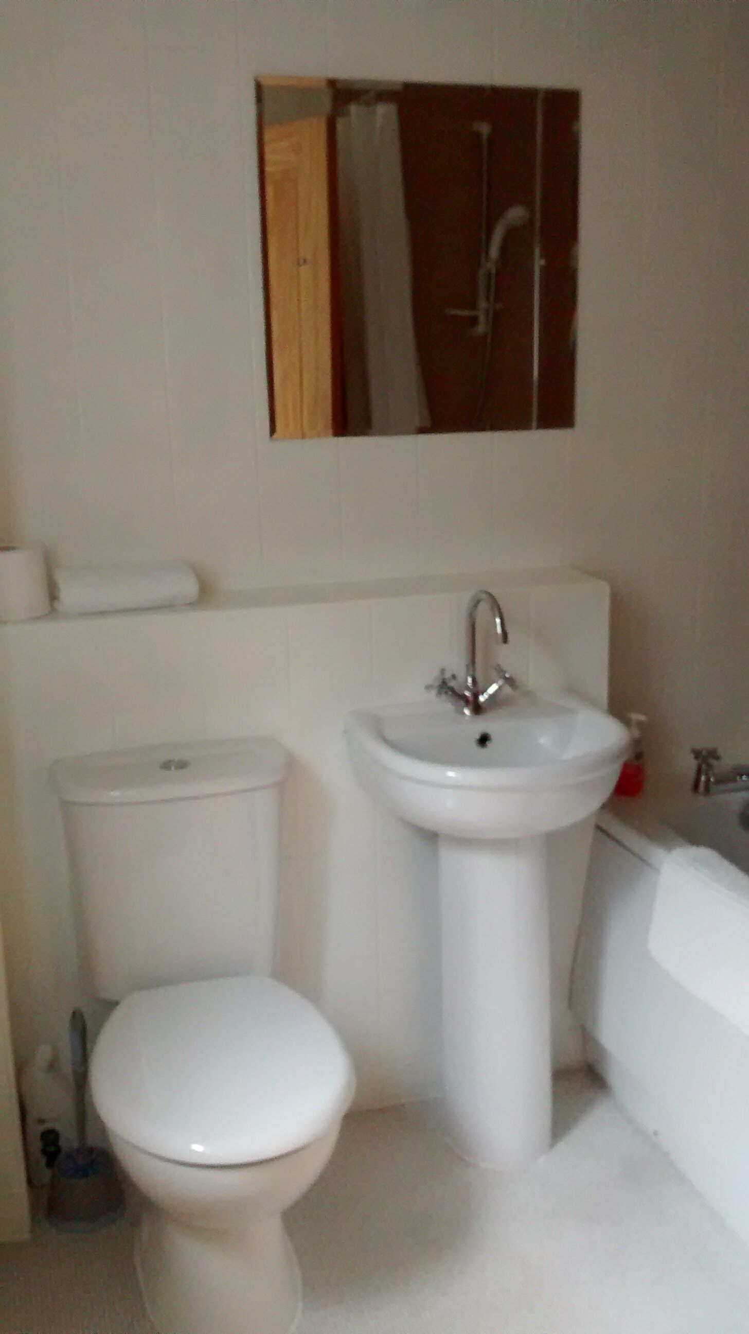 Combined shower/bathtub, hair dryer, towels, soap