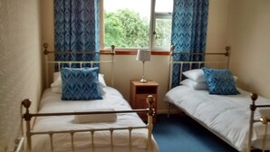 Un dormitorio con dos camas individuales, una mesita de noche, una lámpara y cortinas azules con estampado.