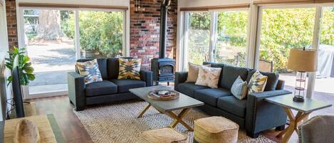 Smart TV, fireplace, DVD player, books