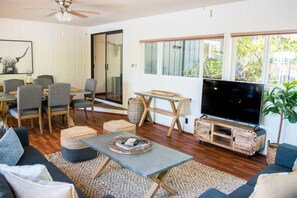 Smart-TV, peis, DVD-spiller og bøker