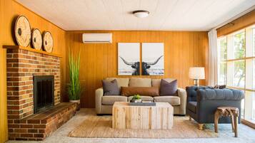 Älytelevisio, takka, DVD-soitin, kirjoja