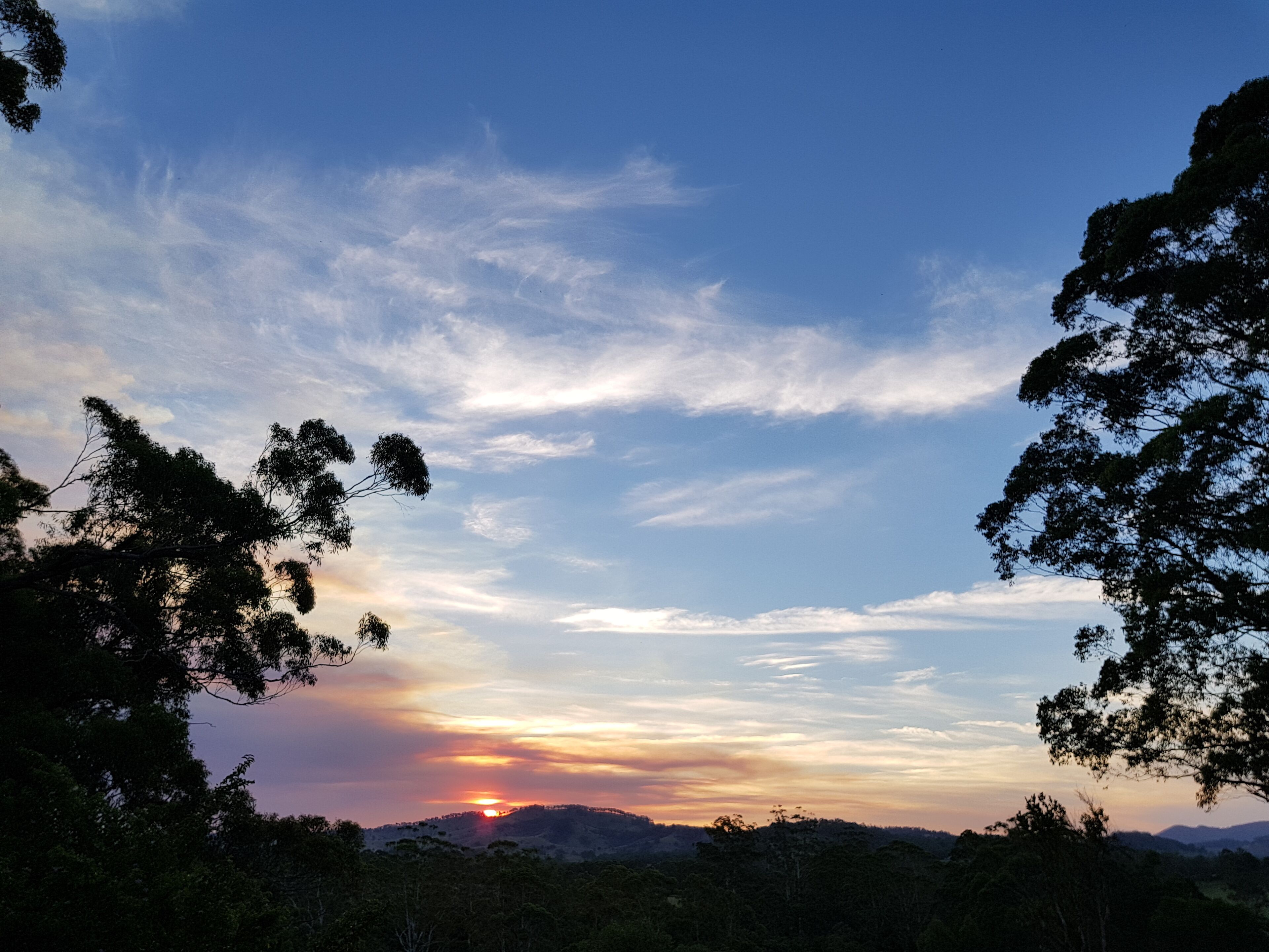 A sunset over a hilly landscape with trees framing the view.