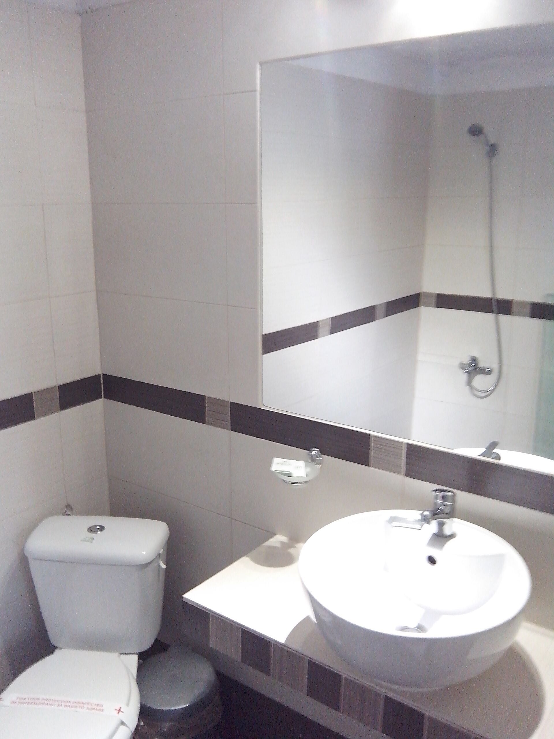 A small bathroom with a toilet, sink, and mirror.