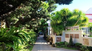 Un sentier menant à la Villa de Babat, bordé d’une végétation luxuriante et de palmiers.