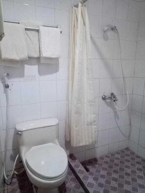 Shower, towels, soap, shampoo
