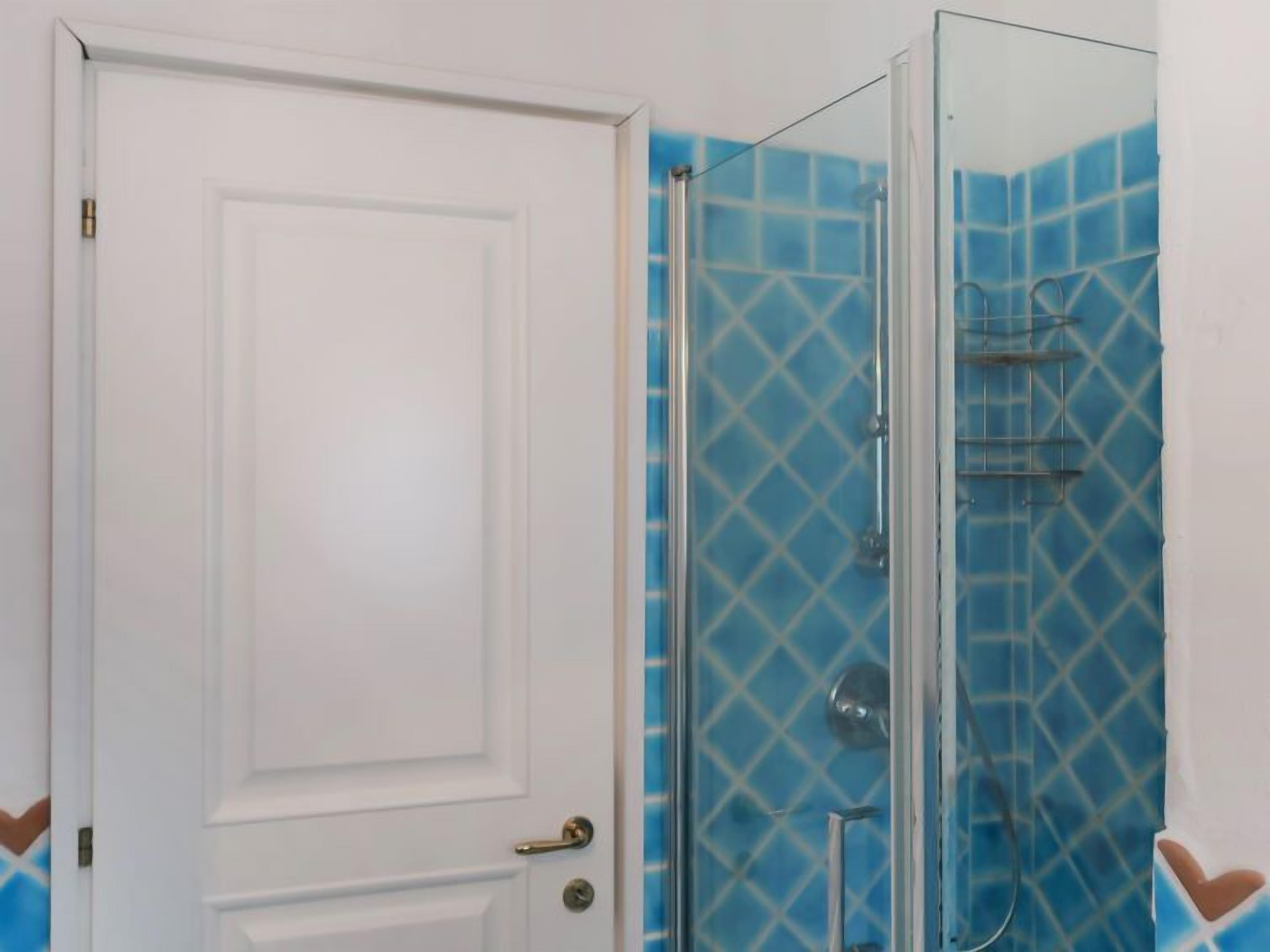 A bathroom with a white door, a glass shower enclosure, and blue patterned tiles.