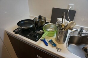 Fridge, microwave, stovetop, electric kettle