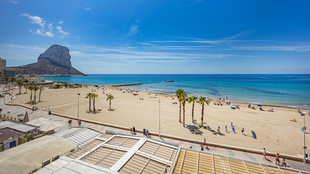 Ein Strand mit Palmen, einem Felsen und blauem Himmel.