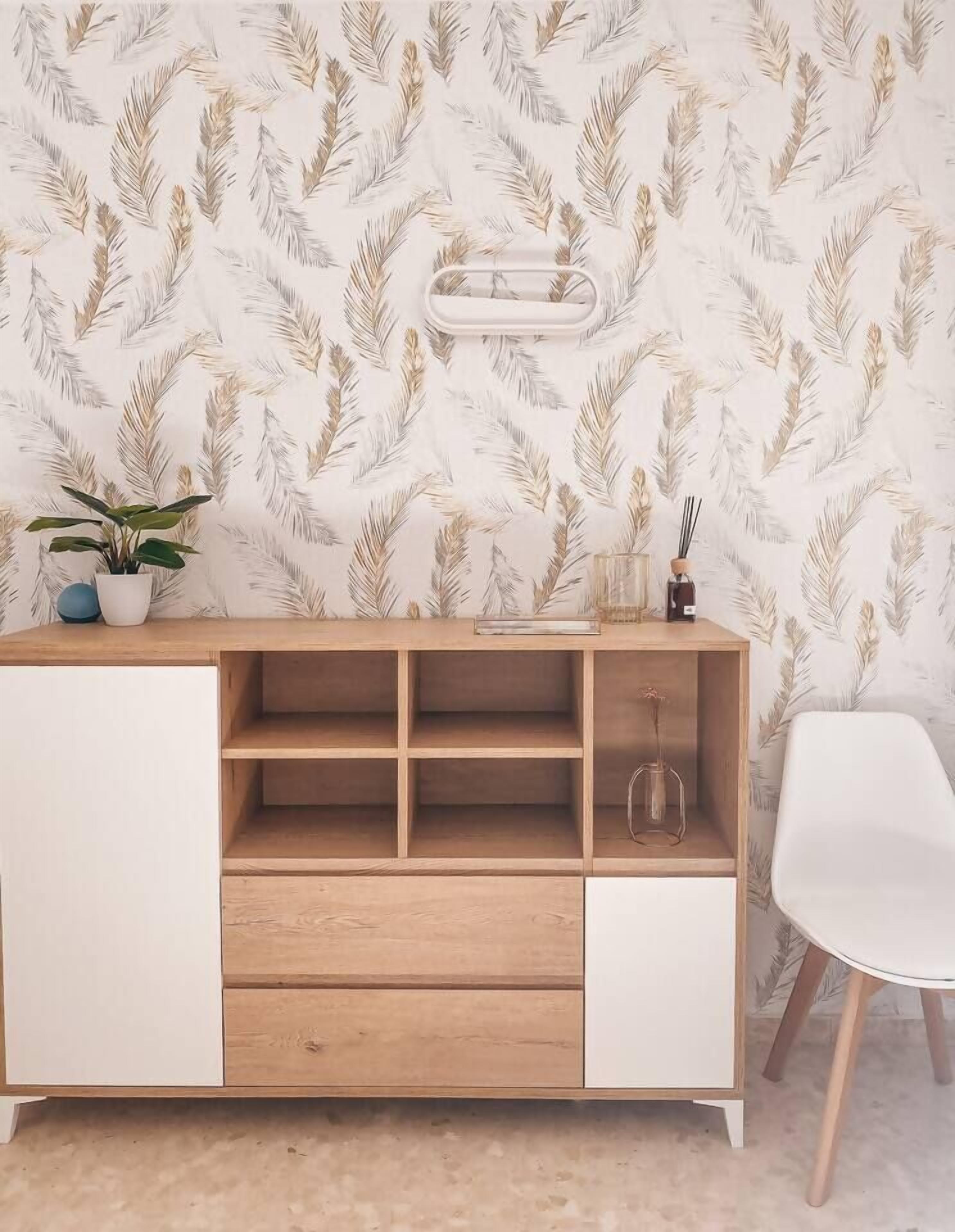 Un armario de madera con varias repisas y una silla blanca a su lado.