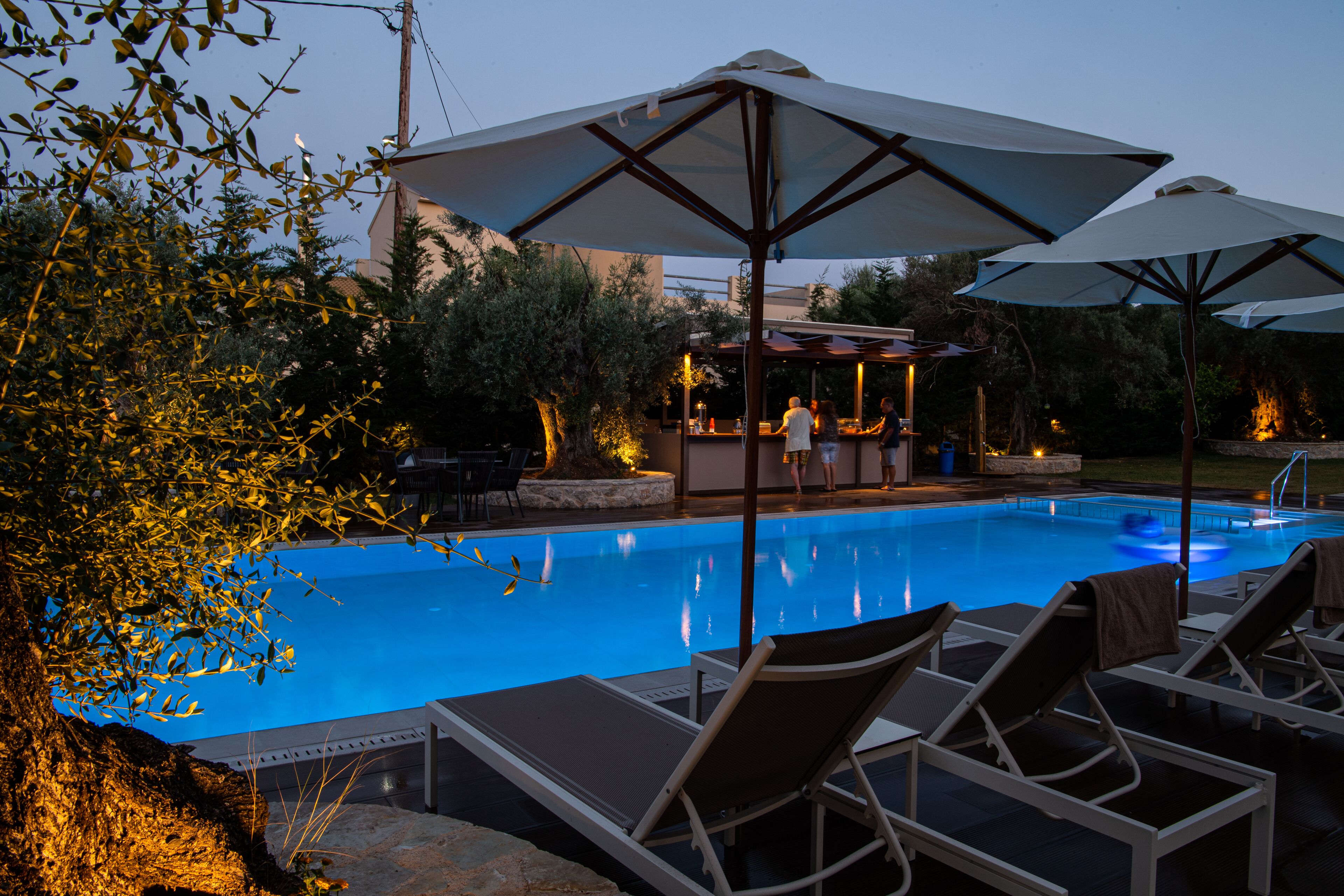 Ein Pool mit Liegestühlen und Sonnenschirmen, umgeben von Bäumen und einer Bar.