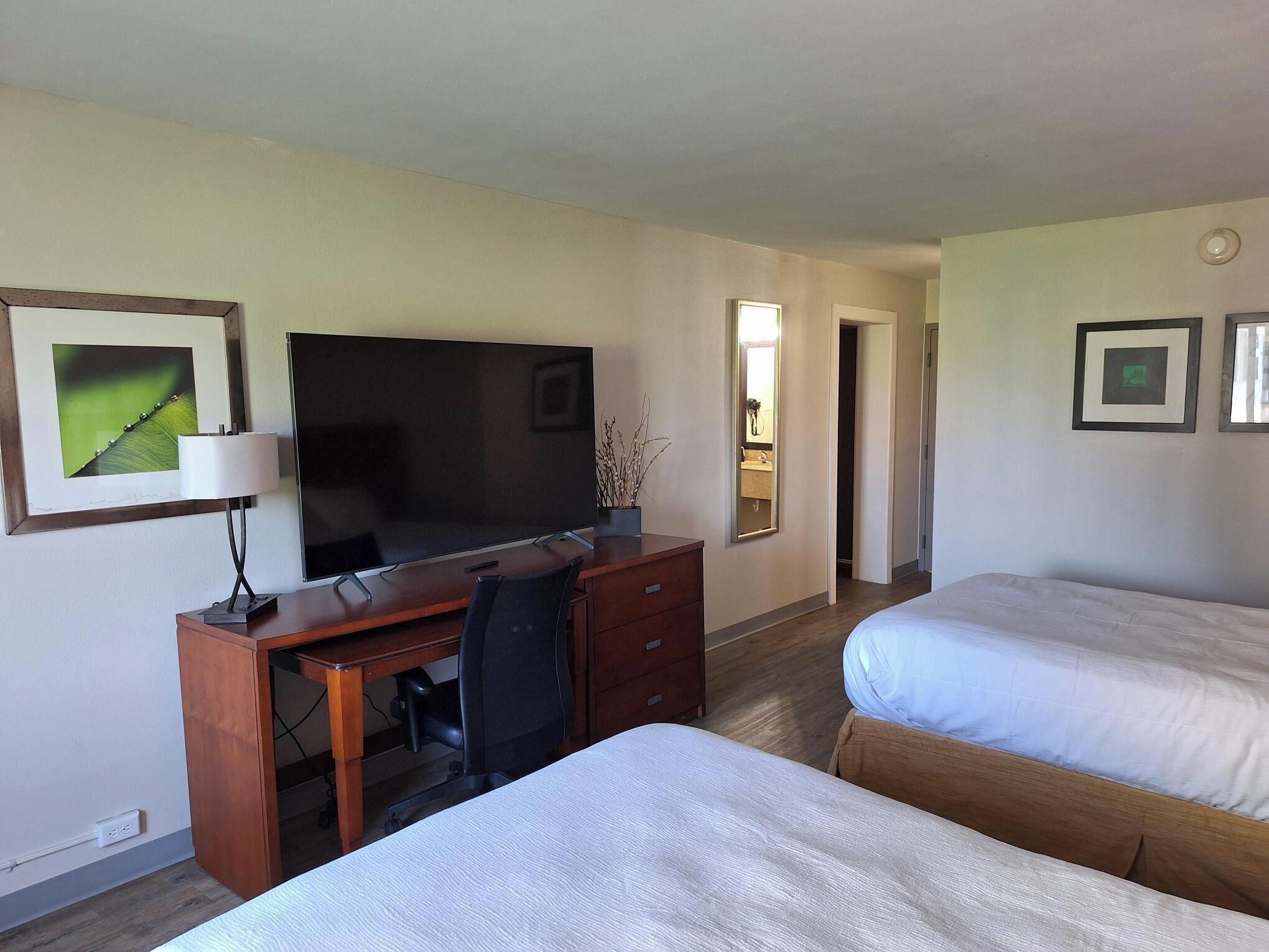 Habitación de hotel con escritorio, televisor, dos camas y espejo.