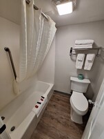 Combined shower/tub, free toiletries, hair dryer, towels