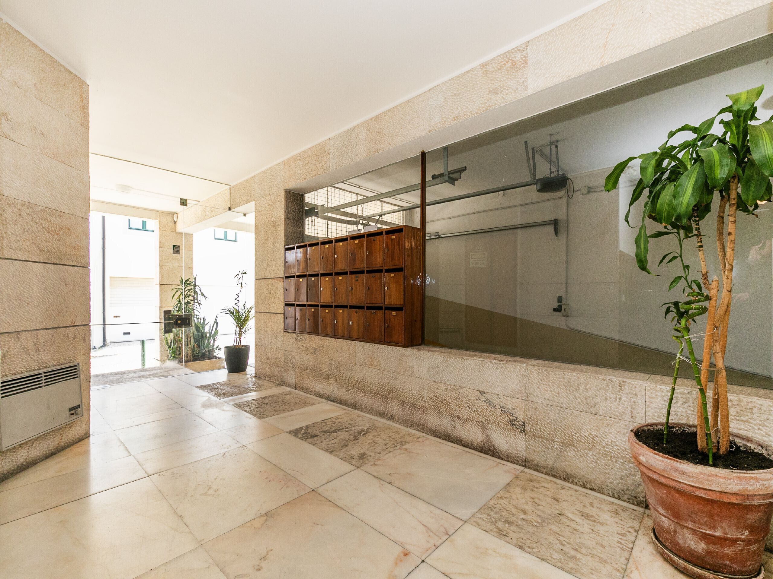 A hallway with a tiled floor, a wooden locker area, and a potted plant.