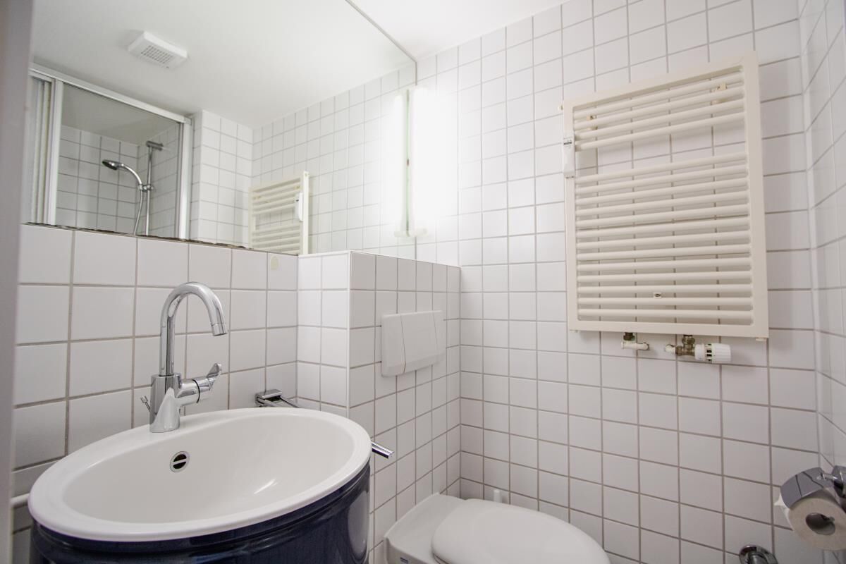 A bathroom with a white sink, a toilet, and a shower.