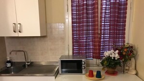 A kitchen with a microwave, sink, and cabinets. There is a window with red curtains and a potted plant on the counter. - Les Artes (Rome)