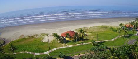 On the beach, sun loungers