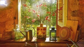 A kitchen counter with a vase of red flowers, a metal pot, and a wooden cutting board. - A magical house in the heart of Guadarrama Park (Collado Hermoso)