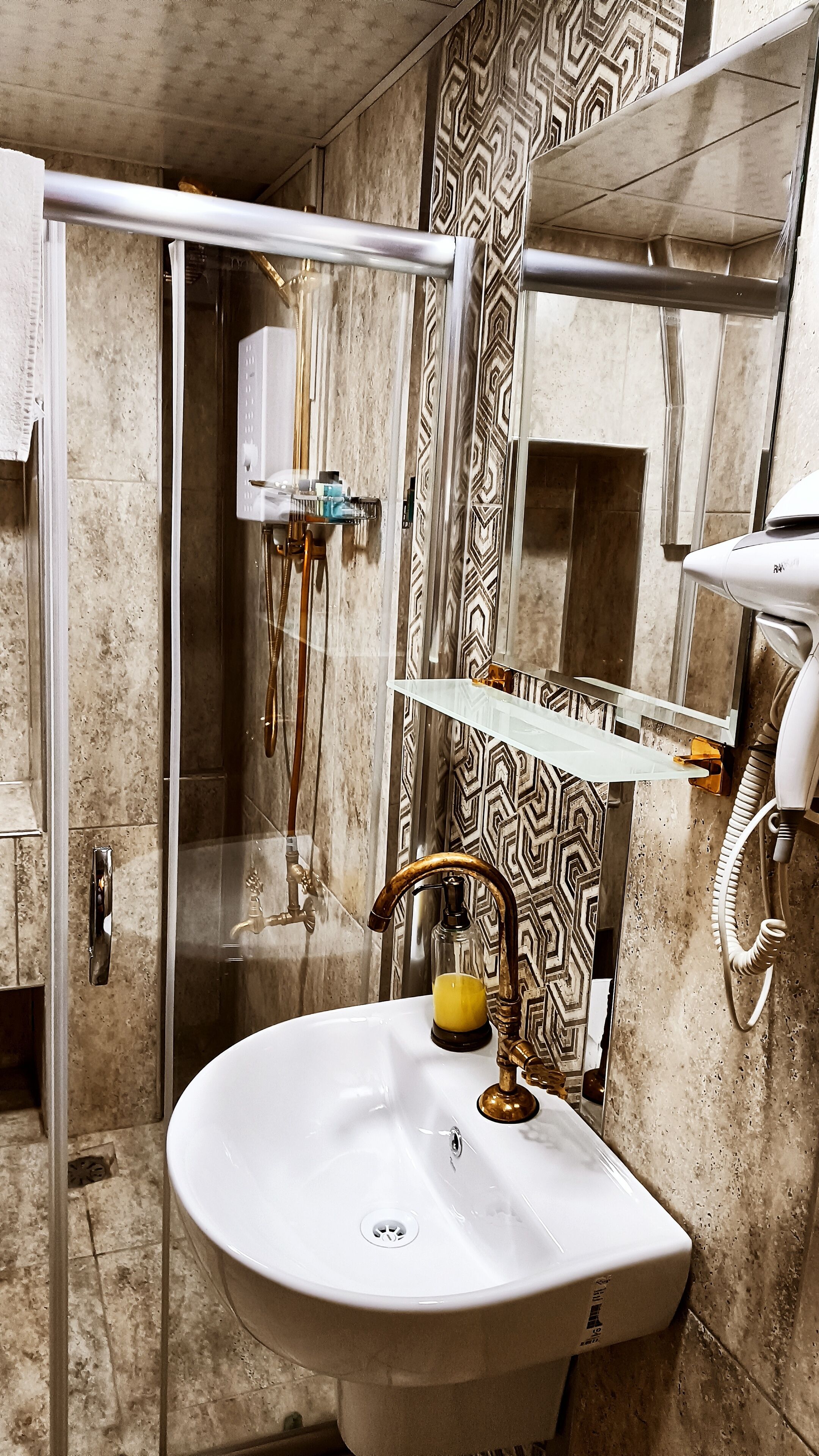 standard double room | bathroom | shower, hair dryer, slippers, towels