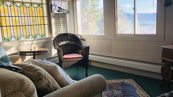 TV connectée, cheminée, livres