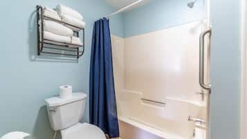 Combined shower/tub, hair dryer, towels, soap