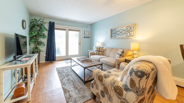 A living room with a sofa, coffee table, TV, and a large window with curtains. - Hidden Gem in Walloon Village (Walloon Lake)