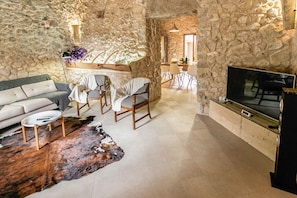 Televisión, chimenea y libros 