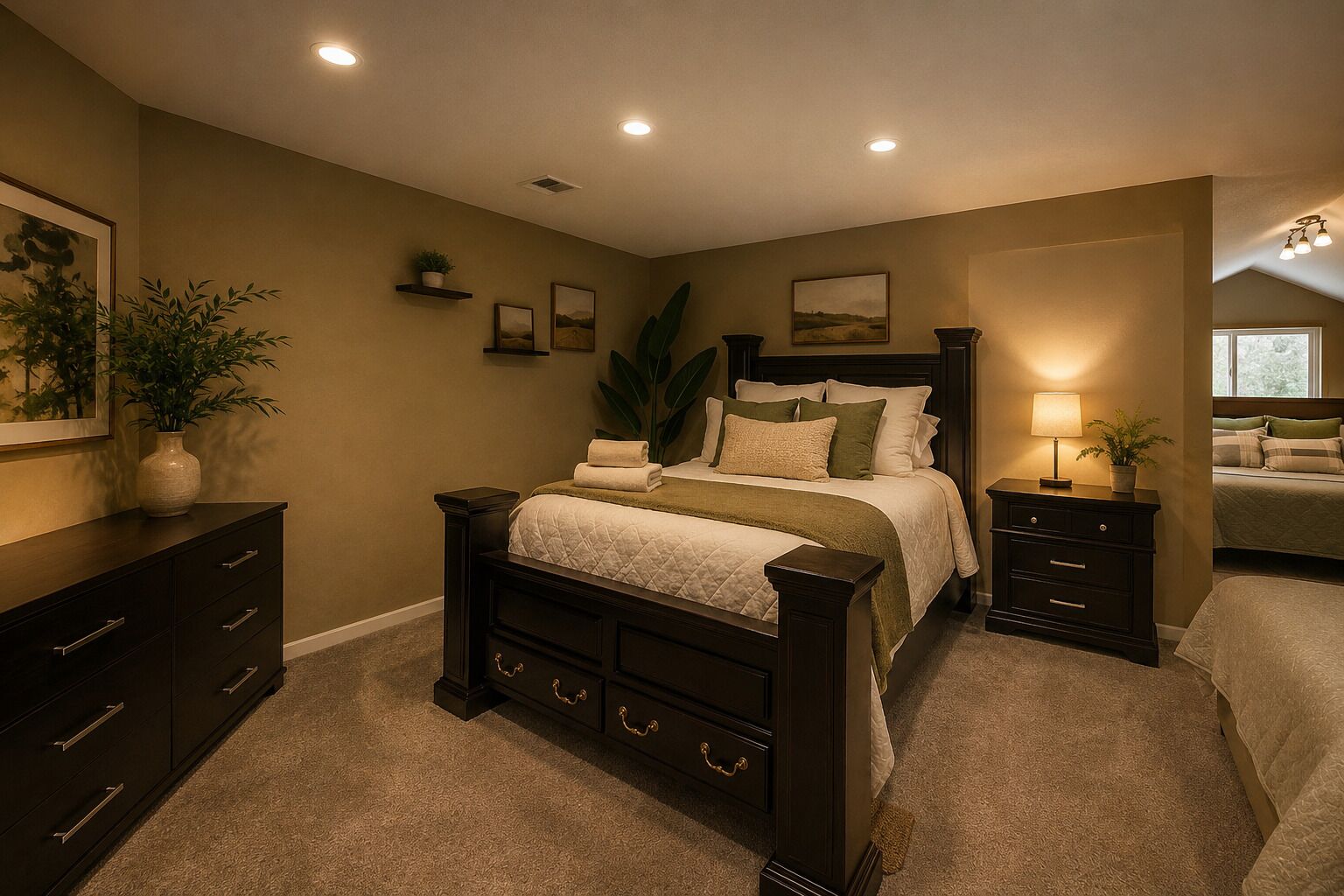 A bedroom with a bed, bedside tables, a dresser, and a nightstand.