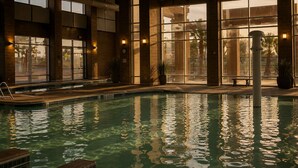 Una piscina interior con agua cristalina, rodeada de amplios ventanales y plantas en macetas.