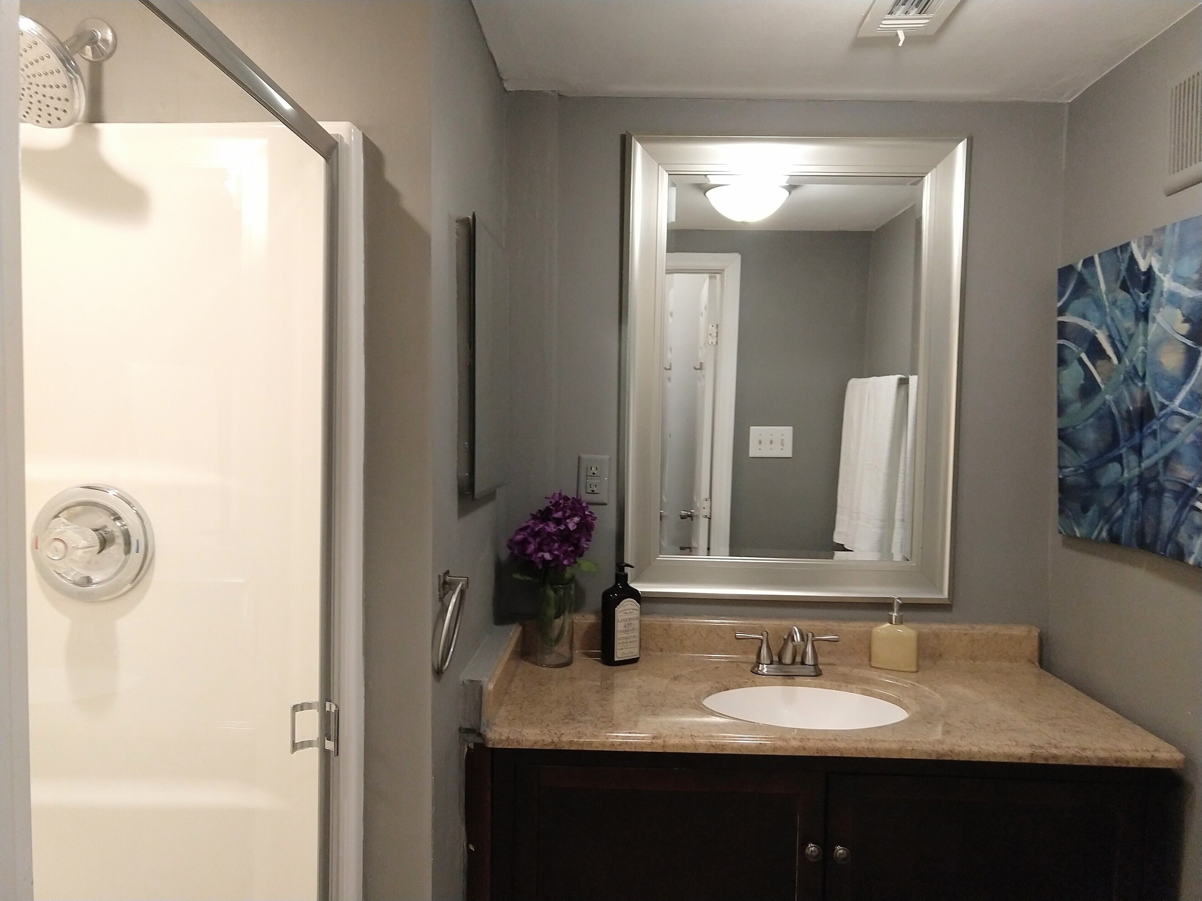 Combined shower/tub, hair dryer, towels, soap