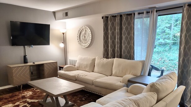 A modern living room with a sofa, a coffee table, a TV, and a patterned rug. - Charming 3 bdr. Condo in Central Raleigh (Raleigh)