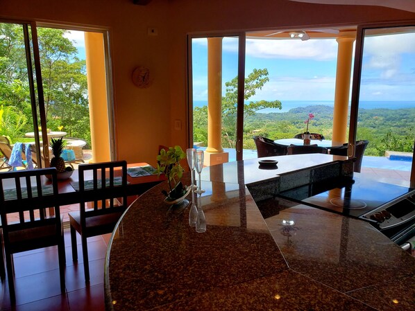 A dining area with a view of the ocean, featuring a round table, chairs, and a potted plant.