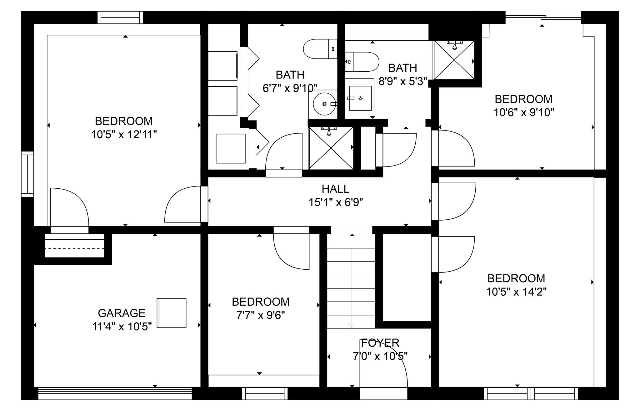 A floor plan with multiple bedrooms, a bathroom, a garage, a foyer, and a hall.