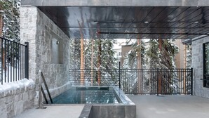 Area piscina moderna all'aperto con pareti in pietra e ringhiere in metallo, circondata da alberi innevati.