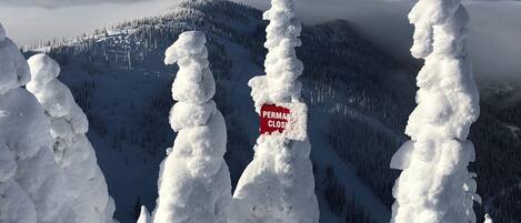 A snow-covered landscape with a sign indicating a permanent closure.