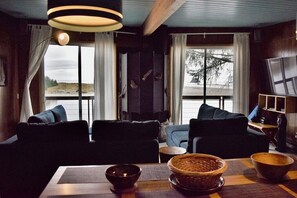 Smart-tv, een open haard, een dvd-speler en boeken