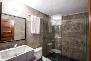 Regadera, secadora de cabello, toallas, jabón 