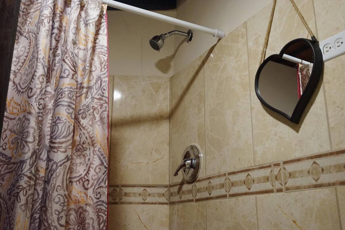 A bathroom with a shower, a mirror, and patterned curtains.