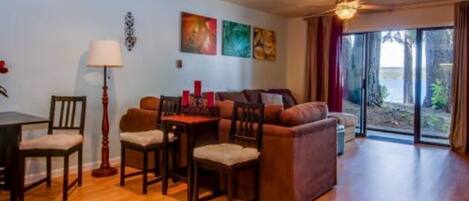 TV, fireplace, DVD player, books