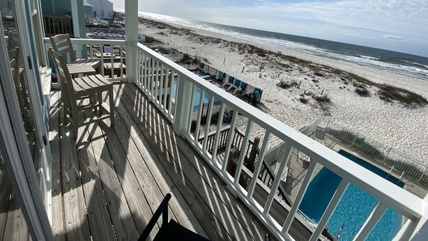 A wooden deck with a pool and beach view. - Beachfront! Near Town! Views! Heated Pool! 5Bd/3Bth #7 (Gulf Shores)