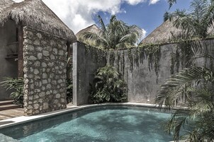 Un área de piscina con un muro de piedra, una estructura de techo de paja y plantas tropicales.