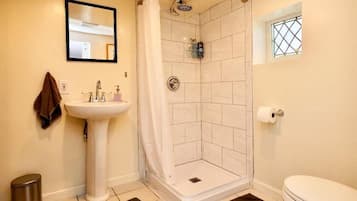 Hair dryer, towels, soap, shampoo