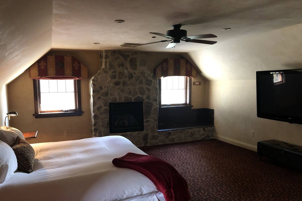 Un dormitorio con cama, ventilador de techo, chimenea y televisor.
