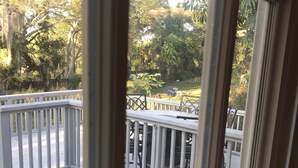 Blick durch ein Fenster auf eine Holzterrasse mit Geländer, umgeben von Bäumen und Grünpflanzen.