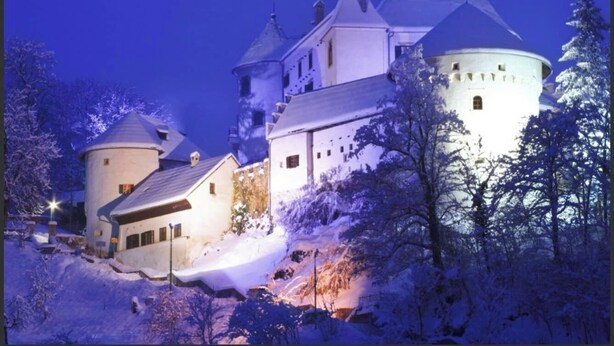 Un bâtiment historique doté de plusieurs tours, dont une tour ronde, et entouré d’arbres couverts de neige.