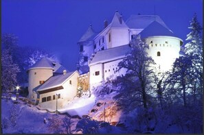 Experience the grandeur of this historic castle, featuring a prominent round tower and steeply pitched roofs.