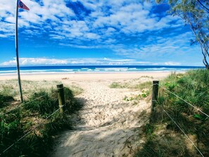 On the beach, sun loungers