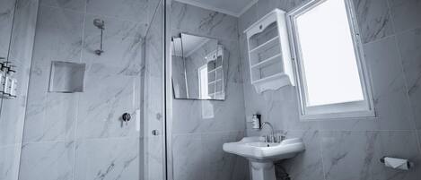 A bathroom with a shower, a sink, a mirror, and a window.